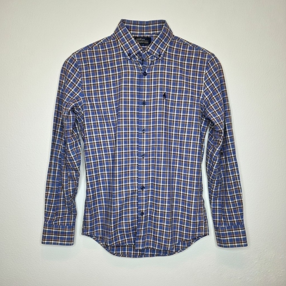 Johnnie-O Hangin Out Boys Sizeโ 12 Plaid Button Down Shirt Blue Orange Cotton